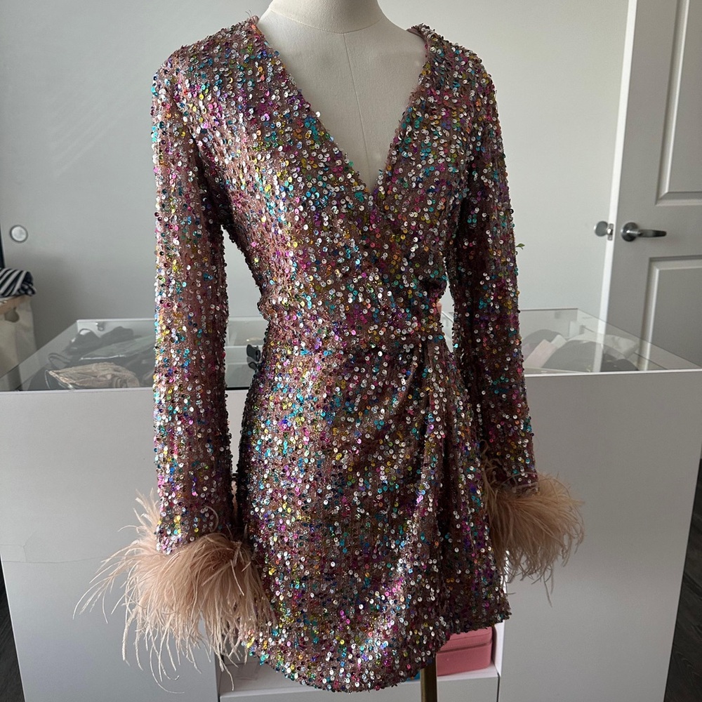 Elegant Multicolor Sequin Dress with Feather Cuffs